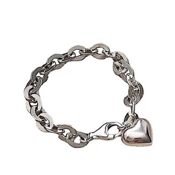 NEW STERLING SILVER HEART CHARM CHAIN LINK BRACELET - Picture 4 of 5